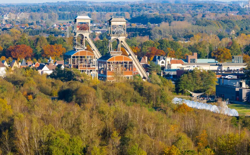 Two former coal mine elevators at the Hoge Kempen National Park near the town of Maasmechelen